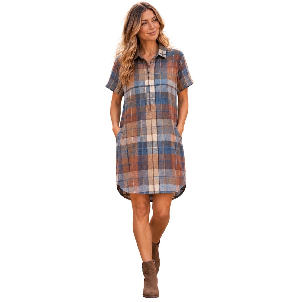 Toad&Co Cue the Sun Plaid Shirt Dress Brown Blue Herringbone Pockets Medium